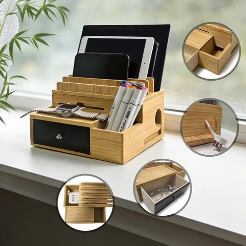 Bamboo Charging Organizer for Multi-Devices, with Drawer and Pen Holder, Nightstand Desk Charging Stations Electronic Organizer for Cell Phone, Tablet, Etc (with 5-Cable, No USB Charger) in Saudi Arabia