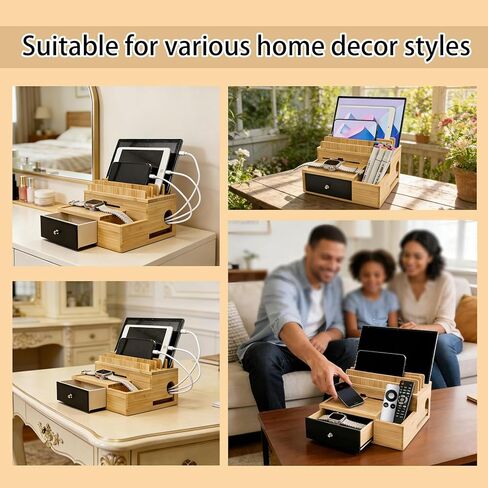 Bamboo Charging Organizer for Multi-Devices, with Drawer and Pen Holder, Nightstand Desk Charging Stations Electronic Organizer for Cell Phone, Tablet, Etc (with 5-Cable, No USB Charger) in Saudi Arabia