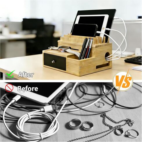 Bamboo Charging Organizer for Multi-Devices, with Drawer and Pen Holder, Nightstand Desk Charging Stations Electronic Organizer for Cell Phone, Tablet, Etc (with 5-Cable, No USB Charger) in Saudi Arabia