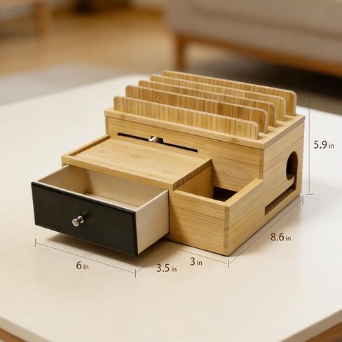 Bamboo Charging Organizer for Multi-Devices, with Drawer and Pen Holder, Nightstand Desk Charging Stations Electronic Organizer for Cell Phone, Tablet, Etc (with 5-Cable, No USB Charger) in Saudi Arabia