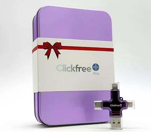 محرك أقراص فلاش Clickfree Pro سعة 128 جيجابايت 4 في 1 USB احتياطي للصور والفيديو لأجهزة iPhone وAndroid وiPad وMac - مع علبة سفر معدنية متطابقة (أرجواني) - مع ملصق مخصص بجودة المتحف in Kuwait