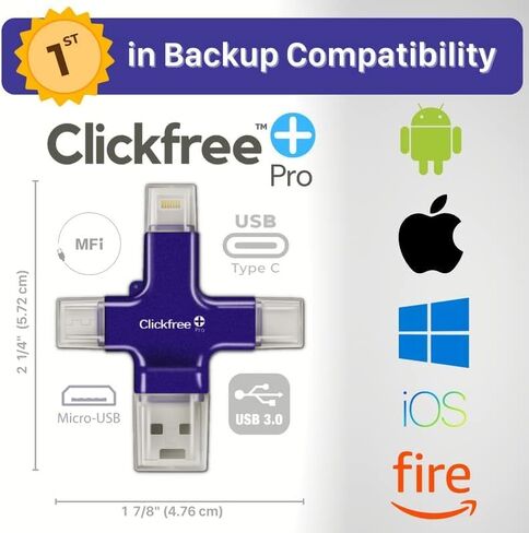 محرك أقراص فلاش Clickfree Pro سعة 128 جيجابايت 4 في 1 USB احتياطي للصور والفيديو لأجهزة iPhone وAndroid وiPad وMac - مع علبة سفر معدنية متطابقة (أرجواني) - مع ملصق مخصص بجودة المتحف in Kuwait