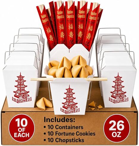 26 Oz Disposable Chinese Food Containers | 30 Pack | with Bamboo Chopsticks & Fortune Cookies | Choose 10, 20, or 30 Count | Leakproof Oyster Pails for Takeout & Meal Prep in Saudi Arabia