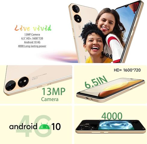 X1 2025 هاتف خلوي جديد 4G LTE GSM غير مقفل بشاشة 6.5 بوصة HD+ هواتف محمولة 2 جيجا رام أندرويد 10 هاتف ذكي 13 ميجابكسل هاتف ذكي ثنائي الشريحة (لسوق T-Mobile فقط في الولايات المتحدة الأمريكية) فتح القفل بالوجه (ذهبي) in Kuwait