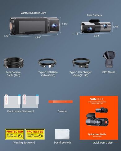 Vantrue N5 4 Channel WiFi 360° All Sides Dash Cam, STARVIS 2, IR Night Vision, 2.7K+1080P*3 Front Rear Inside Dashcam, Voice Control, GPS, 24 Hours Buffered Parking Mode Dash Camera(Renewed) in Saudi Arabia