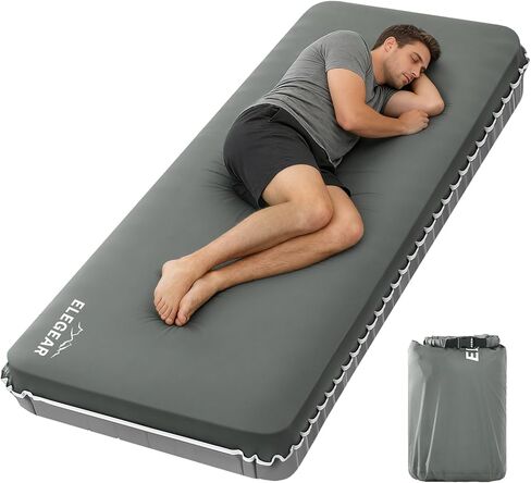مرتبة Elegear Air & Foam للتخييم، وسادة نوم CumbreX™ 4 بوصة سميكة للغاية من إسفنج الذاكرة ذاتية النفخ مع مضخة هواء، سجادة تخييم مدمجة ذات قيمة R 9.5 مناسبة للسفر في الهواء الطلق - أخضر عسكري فردي in Kuwait