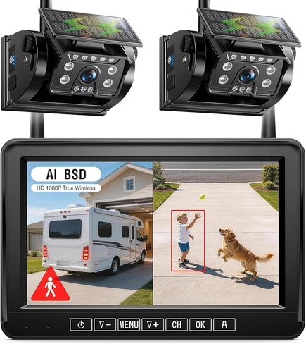 Fookoo Dual Magnetic Solar Wireless Backup Camera, 7" DVR Monitor with BSD HD 1080P Portable 2 Rear View Cameras Night Vision Waterproof for Truck Trailer Pickup RV Camper Trailer Tractor DTC702 in Saudi Arabia