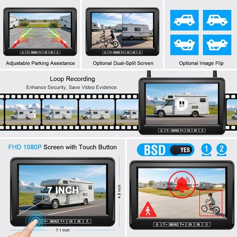 Fookoo Dual Magnetic Solar Wireless Backup Camera, 7" DVR Monitor with BSD HD 1080P Portable 2 Rear View Cameras Night Vision Waterproof for Truck Trailer Pickup RV Camper Trailer Tractor DTC702 in Saudi Arabia