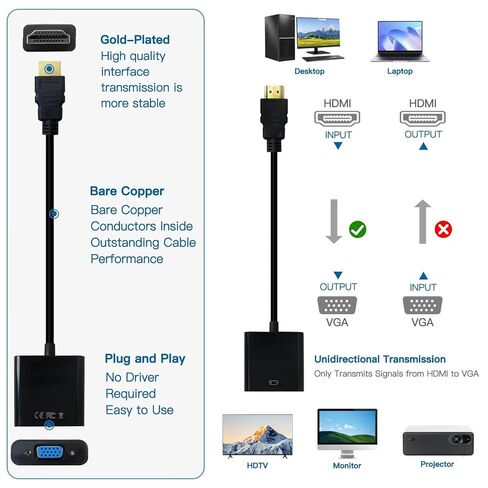 HDMI to VGA Adapter, Gold-Plated HDMI Male to VGA Female Converter Connector Signal Transmission, Computer/Laptop to Monitor/HDTV, up to 1080p Full HD, Pack of 2 by YTXXDEUS in Saudi Arabia