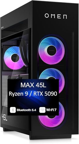كمبيوتر مكتبي للألعاب HP OMEN MAX 45L (AMD Ryzen 9 9900X3D، GeForce RTX 5090 32GB GDDR7، 128GB DDR5، 4TB PCIe SSD، مراوح RGB، 360mm AIO، 1200W PSU، WiFi 7، Bluetooth 5.4، RJ-45، Win 11 Pro) in Kuwait
