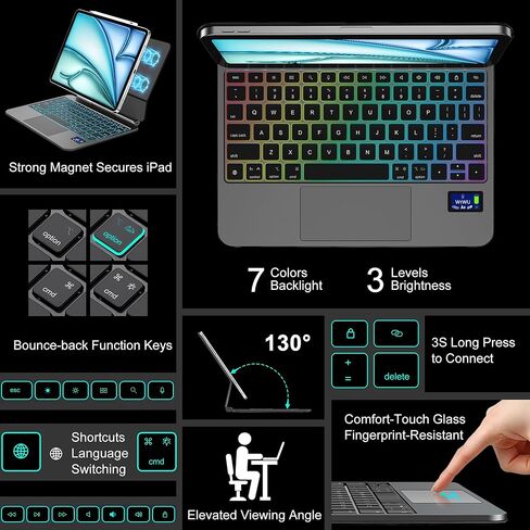 WIWU iPad Keyboard Case Pro/Air 11 Inch M4/M3/M2 Smart Display Battery Level Magnetic Foldable Stand Color Backlit Slim Case with Keyboard Trackpad Black(for iPad Air 5/4/11"(M2/M3M4)Pro 11"4/3/2/1) in Saudi Arabia