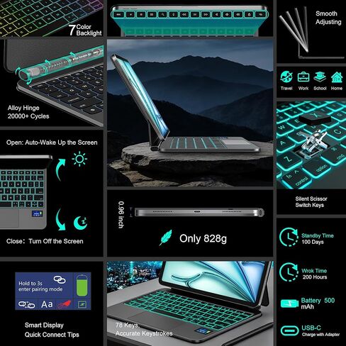 WIWU iPad Keyboard Case Pro/Air 11 Inch M4/M3/M2 Smart Display Battery Level Magnetic Foldable Stand Color Backlit Slim Case with Keyboard Trackpad Black(for iPad Air 5/4/11"(M2/M3M4)Pro 11"4/3/2/1) in Saudi Arabia