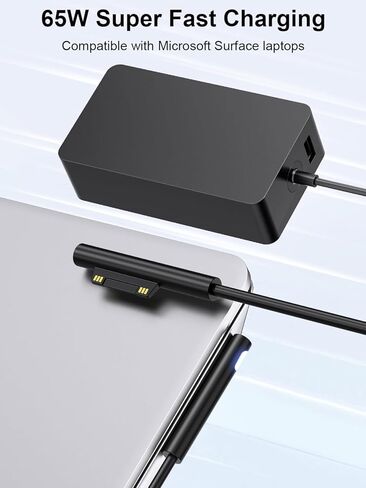 شاحن Surface Pro بقدرة 65 وات متوافق مع Microsoft Surface Pro 11 10 9 8 7+ 7 6 5 4 3 X، كمبيوتر محمول Surface 7 6 5 4 3 2 1، Go 3 2 1، Book 3 2 1,65W محول طاقة مع منفذ USB، يدعم 44W 36W in Kuwait