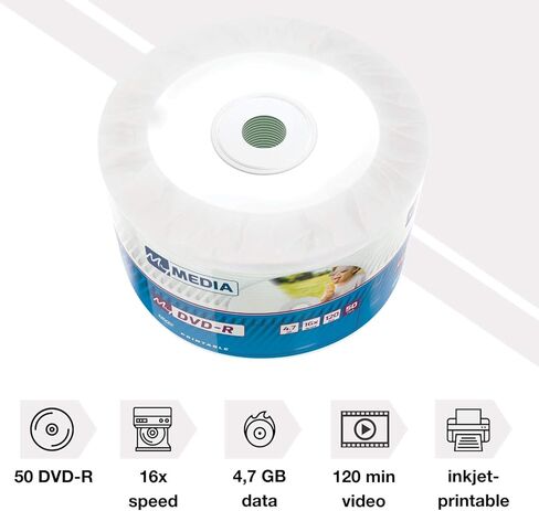 DVD‑R 16x 4.7GB, Pack of 50 Spindle, DVD Blanks Printable, 16x Burning Speed & Long Life, DVD-R Printable, DVD Empty, Blank DVD, Blanks DVD in Saudi Arabia