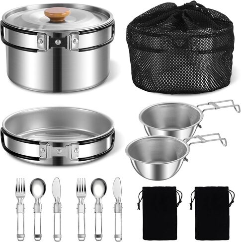 11Pcs Camping Cookware Set，Portable Camping Essentials with Accessories，Stainless Steel Lightweight Nonstick Pots、Pans、Bowls and Utensils for Backpacking RV Tailgating Cooking and Outdoor Cooking in Saudi Arabia