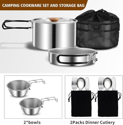 11Pcs Camping Cookware Set，Portable Camping Essentials with Accessories，Stainless Steel Lightweight Nonstick Pots、Pans、Bowls and Utensils for Backpacking RV Tailgating Cooking and Outdoor Cooking in Saudi Arabia