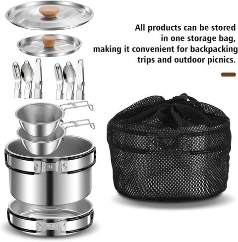 11Pcs Camping Cookware Set，Portable Camping Essentials with Accessories，Stainless Steel Lightweight Nonstick Pots、Pans、Bowls and Utensils for Backpacking RV Tailgating Cooking and Outdoor Cooking in Saudi Arabia