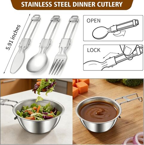 11Pcs Camping Cookware Set，Portable Camping Essentials with Accessories，Stainless Steel Lightweight Nonstick Pots、Pans、Bowls and Utensils for Backpacking RV Tailgating Cooking and Outdoor Cooking in Saudi Arabia