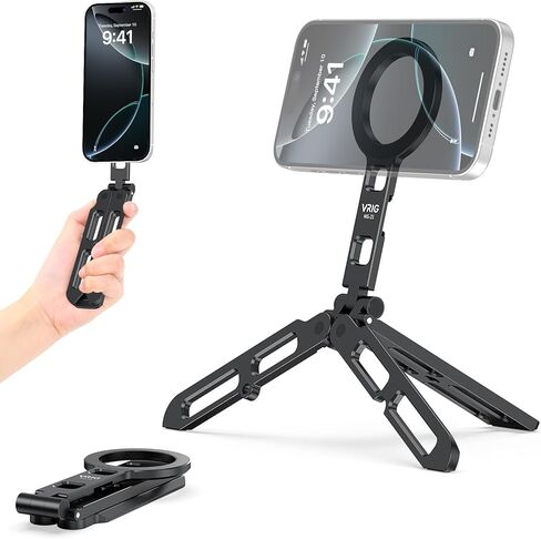VRIG MG-21 Magnetic Phone Tripod Stand for iPhone, Aluminum Alloy Mini Foldable Tripod for Desk/Handheld, Cold Shoe Expansion Mount, Compatible with 1/4 Screw & Arca-Swiss Plates in Saudi Arabia