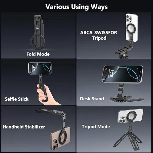 VRIG MG-21 Magnetic Phone Tripod Stand for iPhone, Aluminum Alloy Mini Foldable Tripod for Desk/Handheld, Cold Shoe Expansion Mount, Compatible with 1/4 Screw & Arca-Swiss Plates in Saudi Arabia