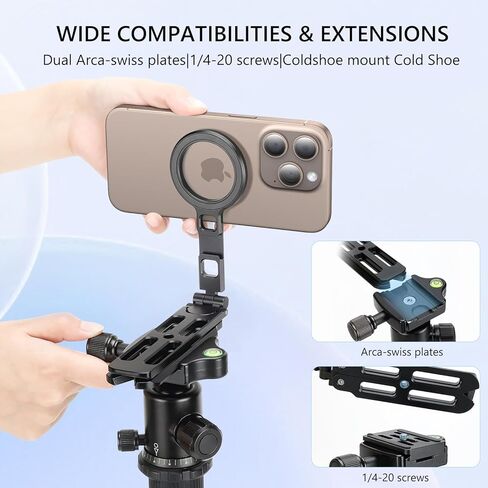 VRIG MG-21 Magnetic Phone Tripod Stand for iPhone, Aluminum Alloy Mini Foldable Tripod for Desk/Handheld, Cold Shoe Expansion Mount, Compatible with 1/4 Screw & Arca-Swiss Plates in Saudi Arabia