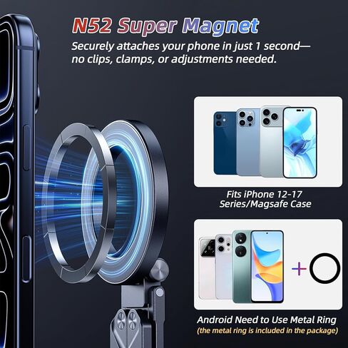 حامل ثلاثي مغناطيسي لهاتف iPhone iPad، حامل هاتف محمول 2 في 1 مع حلقة تسلق للسفر وصالة الألعاب الرياضية، حامل عصا سيلفي للكمبيوتر اللوحي، مغناطيس قوي سريع التركيب متوافق مع سلسلة iPhone 17 16 15 14 13 12 iPad in Kuwait