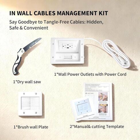 طقم منظم كابلات الحائط للتلفزيون - طاقة داخل الحائط ومنافذ مزدوجة، منافذ USB-A وUSB-C، سلك بطول 9 أقدام ويتضمن أدوات قطع الحائط لمسرح منزلي خالي من الفوضى وتلفزيون مثبت على الحائط in Kuwait