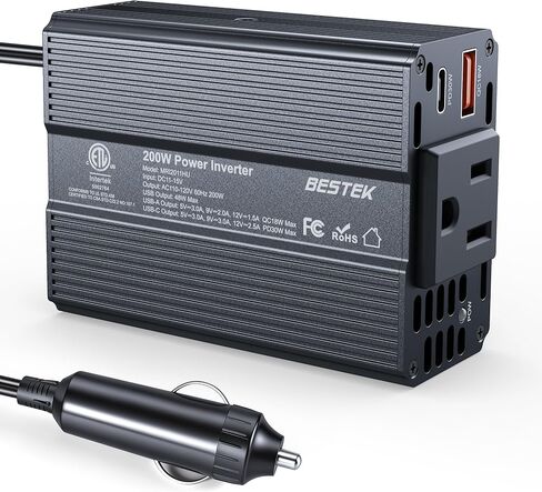 BESTEK عاكس الطاقة DC 12V إلى AC 110V - 200W منفذ محول قابس السيارة PD 30W USB-C & QC18W USB-A منفذ شحن سريع - شاحن سيارة ومحول ولاعة السجائر للهاتف والكمبيوتر المحمول - معتمد من ETL FCC in Saudi Arabia