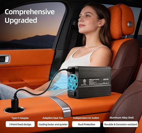 BESTEK عاكس الطاقة DC 12V إلى AC 110V - 200W منفذ محول قابس السيارة PD 30W USB-C & QC18W USB-A منفذ شحن سريع - شاحن سيارة ومحول ولاعة السجائر للهاتف والكمبيوتر المحمول - معتمد من ETL FCC in Saudi Arabia