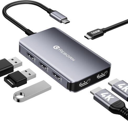 موزع USB C من Reborn إلى Dual HDMI 4K، محطة إرساء شاشة مزدوجة لأجهزة الكمبيوتر المحمول، محول دونجل USBC 6 في 1 مع 100 وات PD، 3 منافذ USB، شاشة عرض ممتدة مقسم HDMI محمول لأجهزة Lenovo وHP وDell وSurface in Saudi Arabia