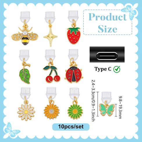 PH PandaHall 10 Styles Dust Plug Charm, Charms for Kindle Summer Theme Flowers Fruits Insects Charm Type C Charging Ports Phone Dust Plugs Pendants Protector Plugs for Phones Decoration Dustproof in Saudi Arabia