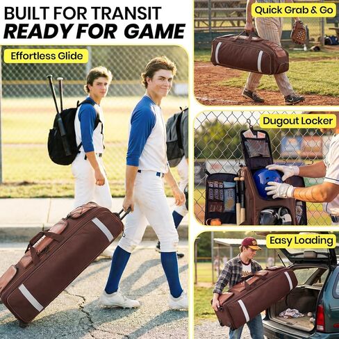 حقيبة معدات Fanwoli 100L Rolling Catchers لكرة البيسبول، إصدار Legacy Stitch، تناسب المجموعة الكاملة و8 مضارب، عجلات لجميع التضاريس، قاعدة واقفة، منطقة أحذية ذات فتحات تهوية، شريط عاكس، خطافات سياج in Saudi Arabia