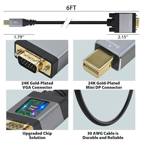 Cyberguys Mini DisplayPort to VGA Cable 6ft, Display Port to VGA Cable w/Secure Latch, Gold-Plated Connectors, Thunderbolt 2 Adapter Cord for MacBook Surface Pro Laptop to Monitor Projector 1080P 60Hz in Saudi Arabia
