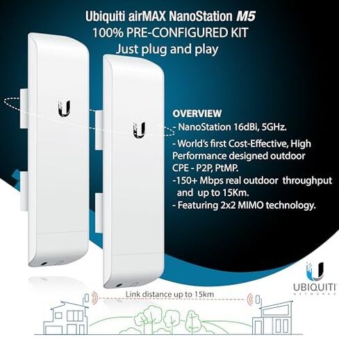 Wireless Bridge Ubiquiti NSM5 PRE-CONFIGURED Bundle of 2 Ubiquiti NanoStation M5 with 2 J-Poles, Point to Point Outdoor WiFi Bridge, Plugh and Play, 5GHz, 150+Mbps, 15km Range, Network WiFi Bridge. in Saudi Arabia