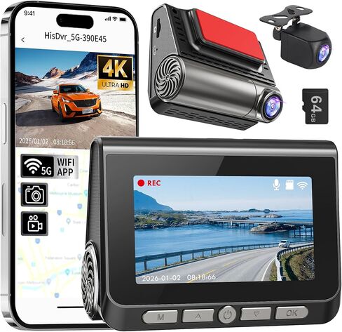 Dash Cam, 4K+2K Full HD Dash Cam Front and Rear, Dash Camera for Cars with Built-in 5GWiFi, 3.0" IPS Screen Dashcam, with 64GB Card, Night Vision, Loop Recording, G-Sensor, Parking Mode, Black in Saudi Arabia