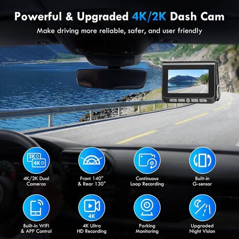 Dash Cam, 4K+2K Full HD Dash Cam Front and Rear, Dash Camera for Cars with Built-in 5GWiFi, 3.0" IPS Screen Dashcam, with 64GB Card, Night Vision, Loop Recording, G-Sensor, Parking Mode, Black in Saudi Arabia