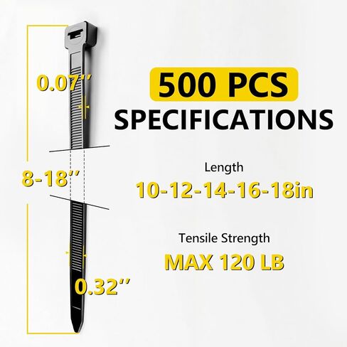 Zip Ties Assorted Size,10+12+14+16+18 Inch,120 LBS Tensile Strength Heavy Duty Cable Wire Ties With Self-Locking Adjustable More Durable Nylon Tie Wraps for Indoor Outdoor（500 Pack） in Saudi Arabia