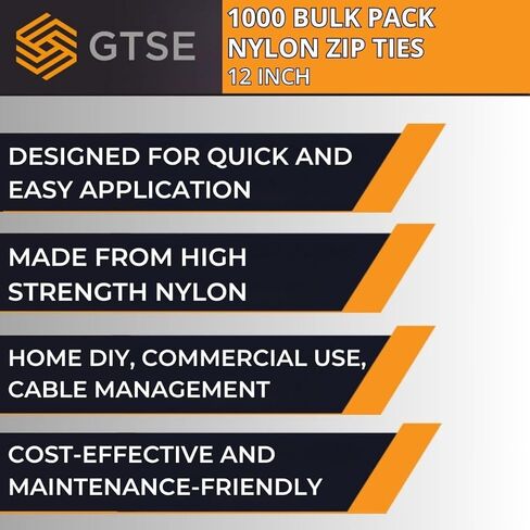 GTSE 12 بوصة ربطات عنق سوداء بسحاب، 1000 حزمة مجمعة، قوة 50 رطل، أربطة كابل نايلون طويلة مقاومة للأشعة فوق البنفسجية، ذاتية القفل 12 بوصة in Kuwait