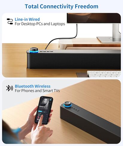 Desktop PC Speakers, Bluetooth Soundbar, 3600mAh Battery for 20Hrs Wireless Playback, Wired/Wireless Speaker for PCs, Phones, TVs, Laptops in Saudi Arabia