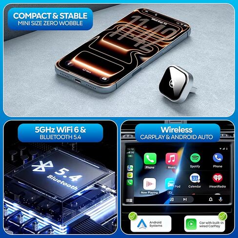 محول Apple CarPlay اللاسلكي - محول Android Auto 2026 المحدث مع اتصال (2.4 جيجا هرتز + 5.8 جيجا هرتز) - يدعم كلاً من iPhone (iOS 10+) Android (11+)، 2 في 1 سلكي للتوصيل والتشغيل اللاسلكي in Saudi Arabia