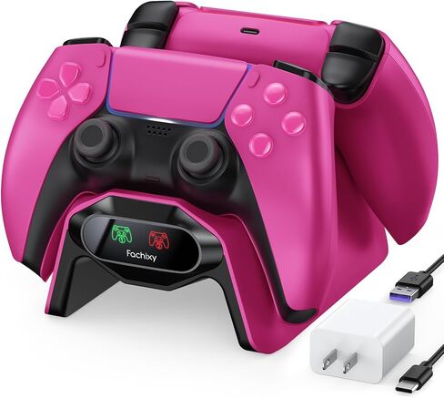 شاحن وحدة تحكم Fachixy لجهاز PS5، مع شريحة شحن سريعة لمدة ساعتين، ومحطة شحن PlayStation 5 مع محول طاقة وكابل أمريكي، مع ضوء مؤشر حالة الشحن LED، وردي in Kuwait