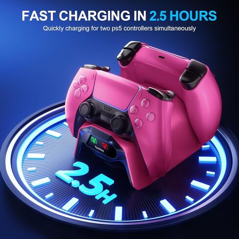 شاحن وحدة تحكم Fachixy لجهاز PS5، مع شريحة شحن سريعة لمدة ساعتين، ومحطة شحن PlayStation 5 مع محول طاقة وكابل أمريكي، مع ضوء مؤشر حالة الشحن LED، وردي in Kuwait