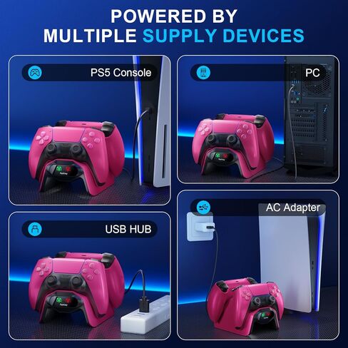 شاحن وحدة تحكم Fachixy لجهاز PS5، مع شريحة شحن سريعة لمدة ساعتين، ومحطة شحن PlayStation 5 مع محول طاقة وكابل أمريكي، مع ضوء مؤشر حالة الشحن LED، وردي in Kuwait