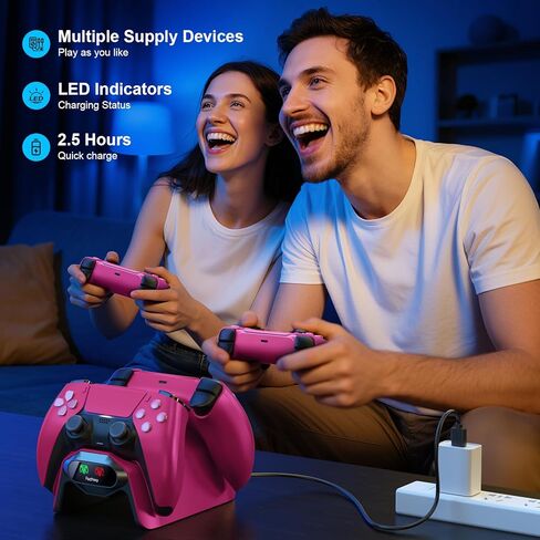شاحن وحدة تحكم Fachixy لجهاز PS5، مع شريحة شحن سريعة لمدة ساعتين، ومحطة شحن PlayStation 5 مع محول طاقة وكابل أمريكي، مع ضوء مؤشر حالة الشحن LED، وردي in Kuwait