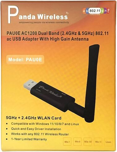 محول USB AC لاسلكي Panda Wireless PAU0E AC1200 - مع هوائي عالي الكسب - Win 7/8/10/11، Zorin، Mint، Ubuntu، MX Linux، Manjaro، Fedora، Kali Linux، openSUSE، Rocky وRaspbian in Kuwait