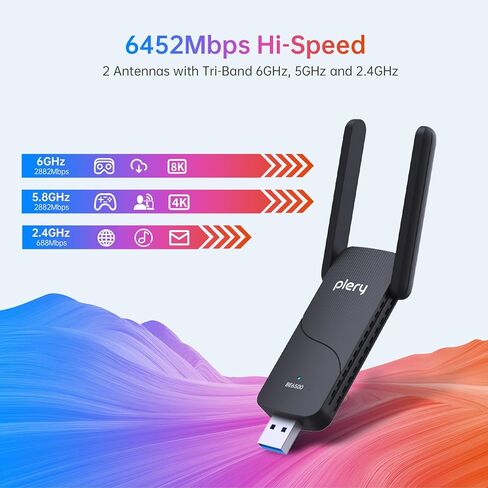 محول BE6500 USB WiFi 7، دونجل شبكة لاسلكية ثلاثي الموجات 6 جيجا هرتز/5 جيجا هرتز/2.4 جيجا هرتز لأجهزة الكمبيوتر المحمول المكتبية، هوائيات عالية الكسب 2x6dBi، متوافقة مع Windows 11/10، WPA3،4K-QAM، MU-MIMO in Kuwait