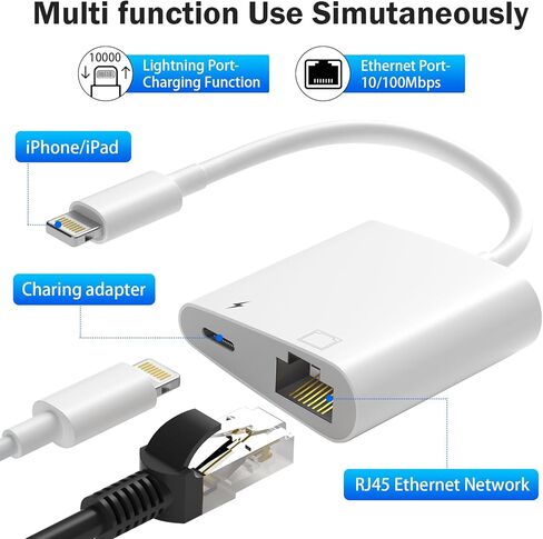 Apple MFi Certified Lightning to Ethernet Adapter for iPhone/iPad, 2 in 1 RJ45 Ethernet LAN Network Adapter with Charge Port for iPhone 14 13 12/iPad/iPod, Plug and Play, Supports 100Mbps Network in Saudi Arabia