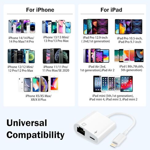 Apple MFi Certified Lightning to Ethernet Adapter for iPhone/iPad, 2 in 1 RJ45 Ethernet LAN Network Adapter with Charge Port for iPhone 14 13 12/iPad/iPod, Plug and Play, Supports 100Mbps Network in Saudi Arabia