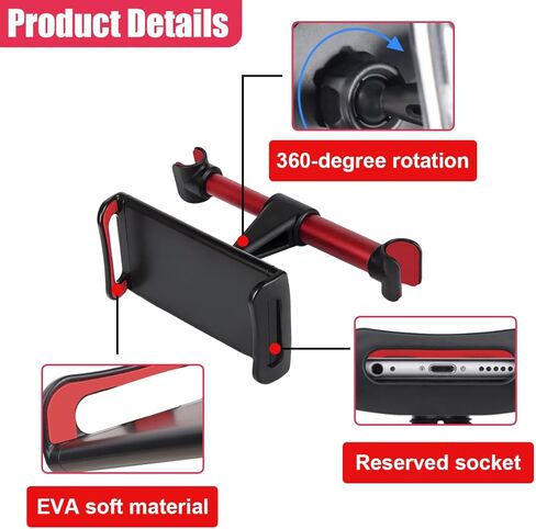 Car Headrest Mount, Universal 360 Rotating Auto Backseat Tablet & Phone Holder, Adjustable Vehicle Headrest Tablet Stand Cradle for 5.3"-10.2" Cellphones and Other Devices(Red) in Saudi Arabia