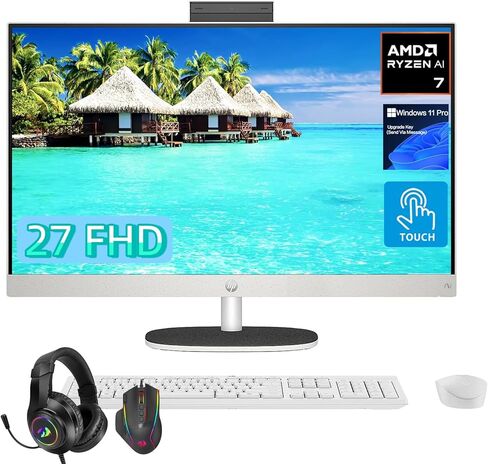 HP 27 inch Touchscreen All in One Desktop Computer, AMD Ryzen AI 7 350, 32 GB DDR5-5600 MT/s, 2 TB SSD, FHD IPS Screen, WiFi 6, BT 5.4, Copilot+ PC, Windows 11 Pro, Wireless KB & Mouse, W/Accessories in Saudi Arabia